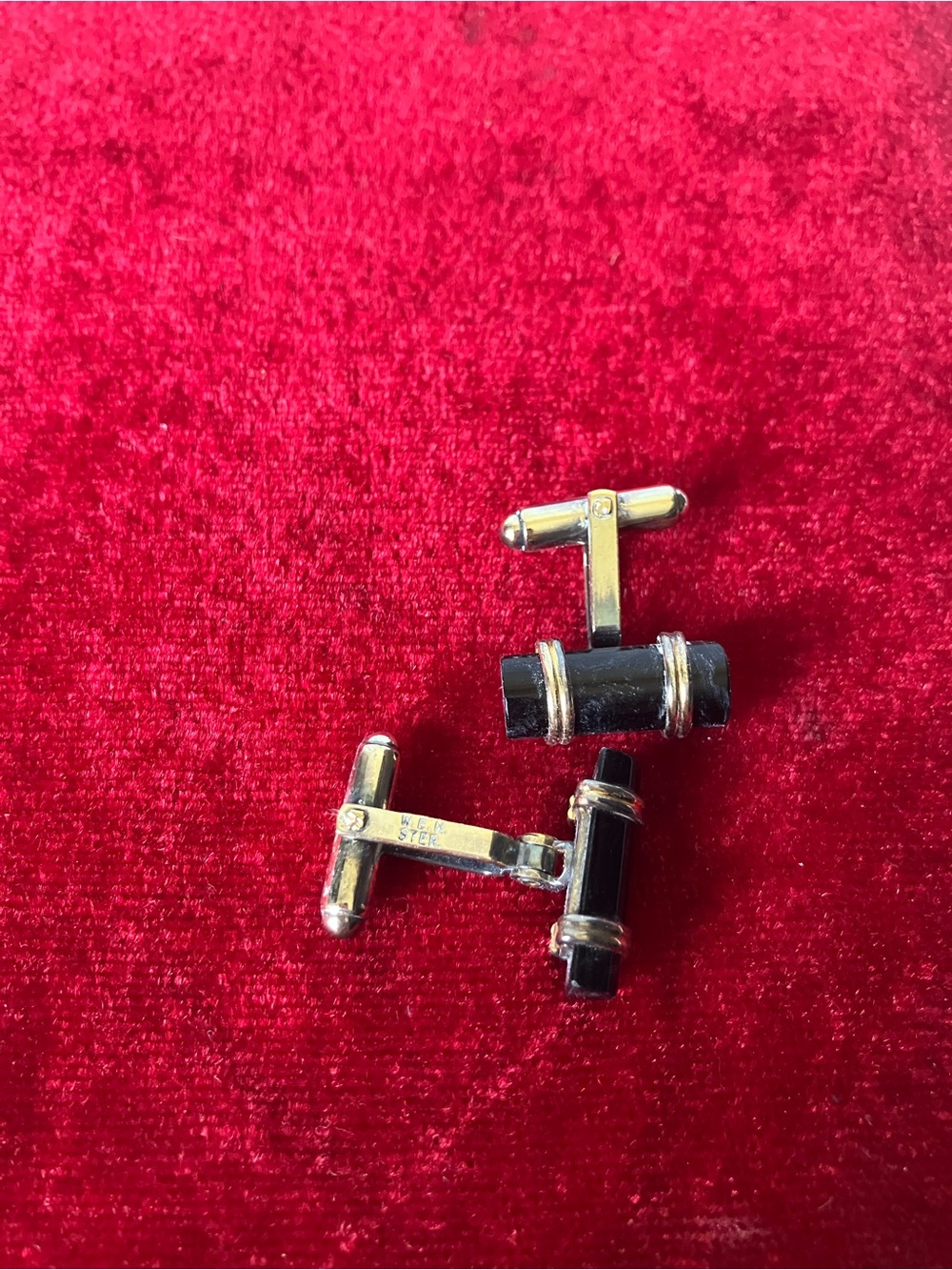 WEH Sterling Silver Rose Goldtone Black Onyx Bar Cufflinks.